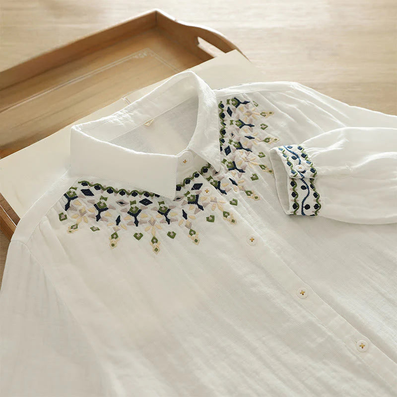 Buddha Stones Fall White Geometric Embroidery Buttons Women's Cotton Long Sleeve Shirt