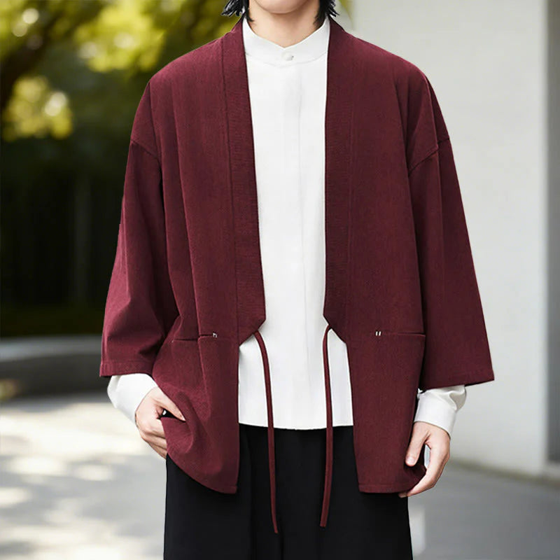 Buddha Stones Solid Color Open Front Long Sleeve Corduroy Jacket Men's Kimono Cotton Linen Shirt