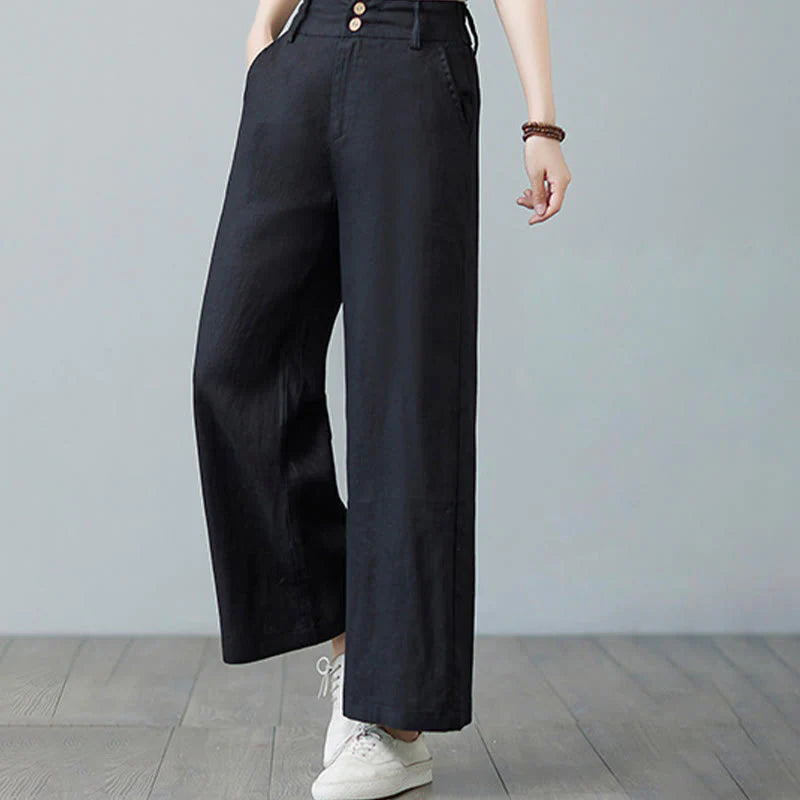 Buddha Stones Daily Solid Color Patchwork Simple Design Cotton Linen Women's Pants With Pockets