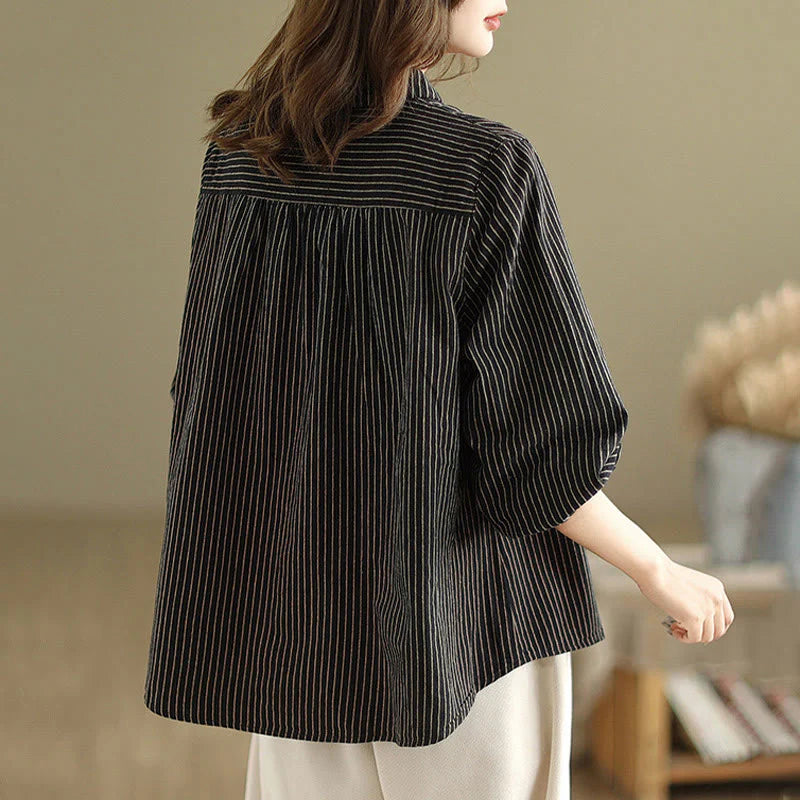 Buddha Stones Spring Causal Splice Design Striped Long Sleeve Button Lapel Cotton Linen Women's Shirt With Pocket