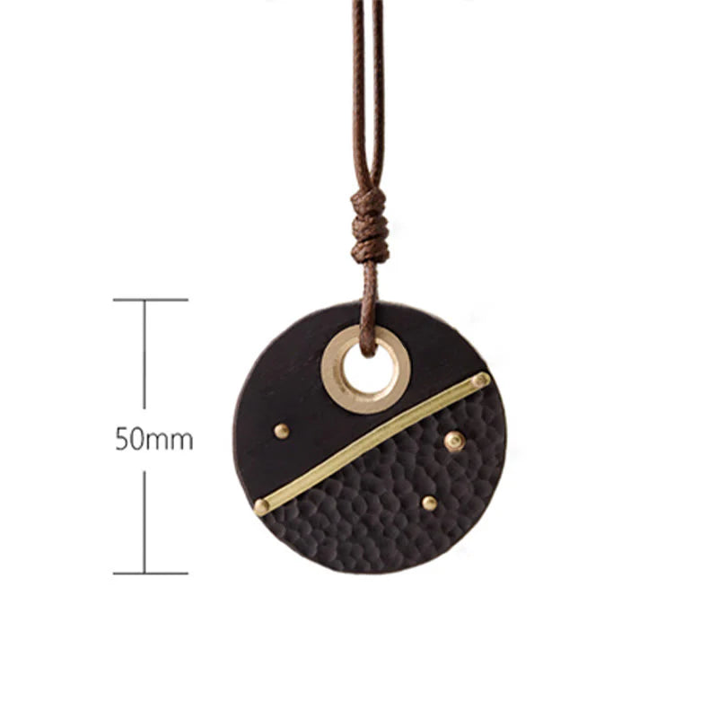 Buddha Stones Handcrafted Round Ebony Wood Brass Copper Peace Necklace Pendant