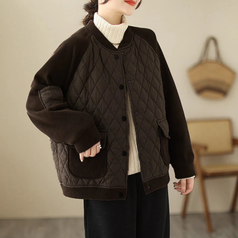 Buddha Stones Diamond Pattern Women's Long Sleeve Thickened Jacket With Pockets