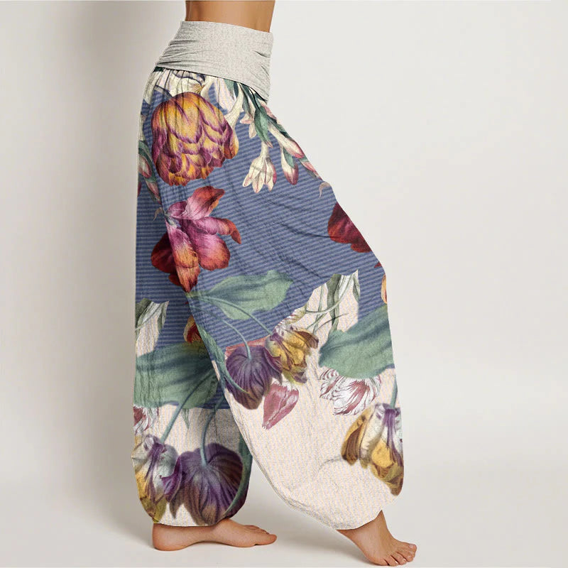 Buddha Stones Cotton Tulips Green Leaves Design Women's Elastic Waist Harem Pants