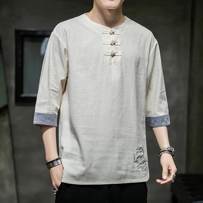 Buddha Stones Summer Embroidery Plain Frog-Button Men's Crew Neck Half Sleeve Cotton Linen Shirt Clothing