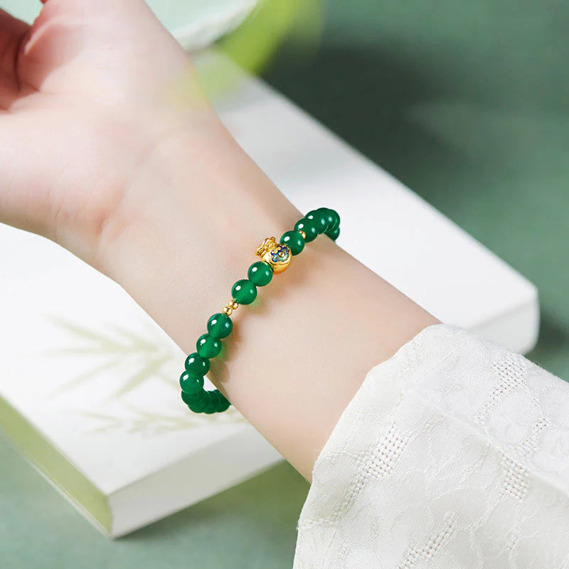 Buddha Stones 999 Sterling Silver Lucky Bag Green Chalcedony Calm Bracelet