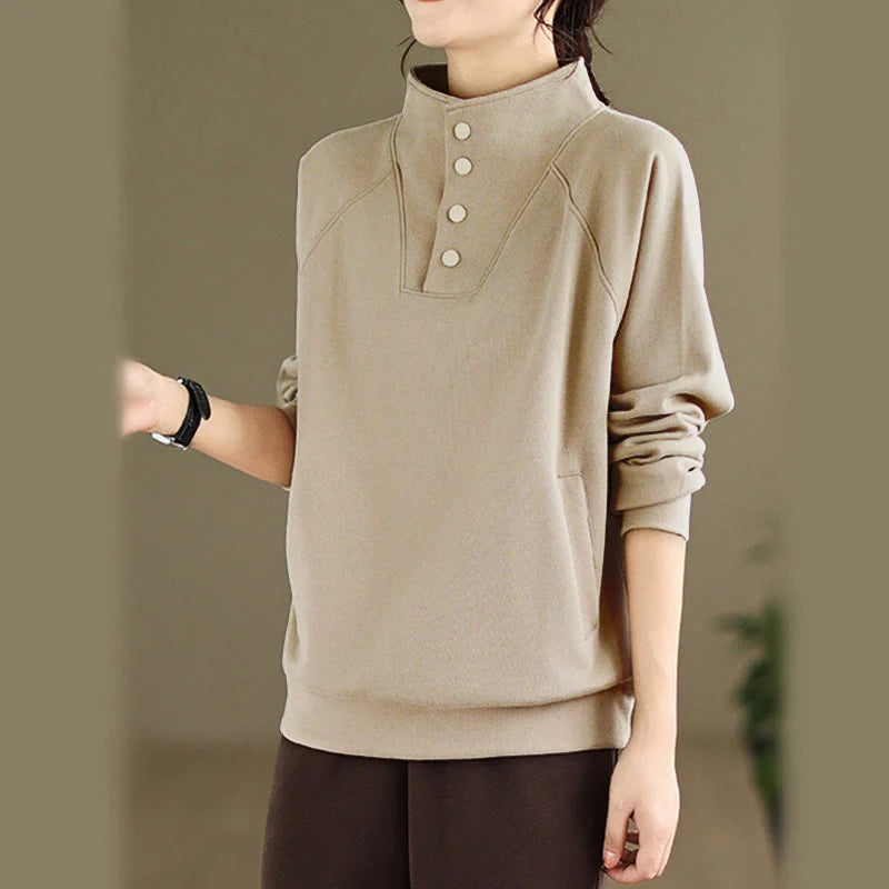 Buddha Stones Fall Solid Stand Collar Buttons Design Long Sleeve Women's Cotton Sweatshirt