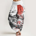Buddha Stones Cotton Casual Red Plum Blossom Mountains Sun Pattern Women's Elastic Waist Harem Pants