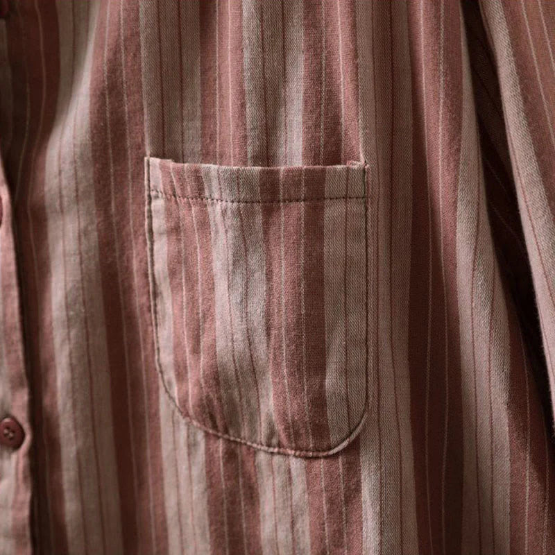 Buddha Stones Fall Vertical Stripes Button Down Stand Collar Long Sleeve Women's Cotton Shirt