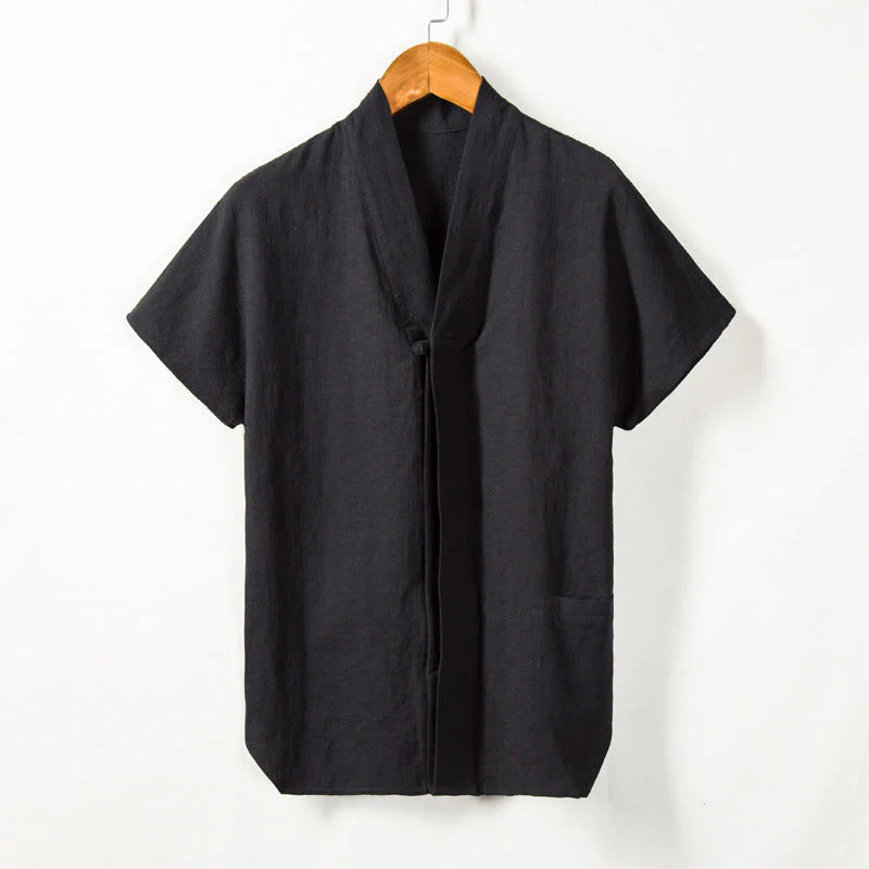 Buddha Stones Men's Short Sleeve Shirt With Pocket V Neck Cardigan Comfort Cotton Linen Shirt