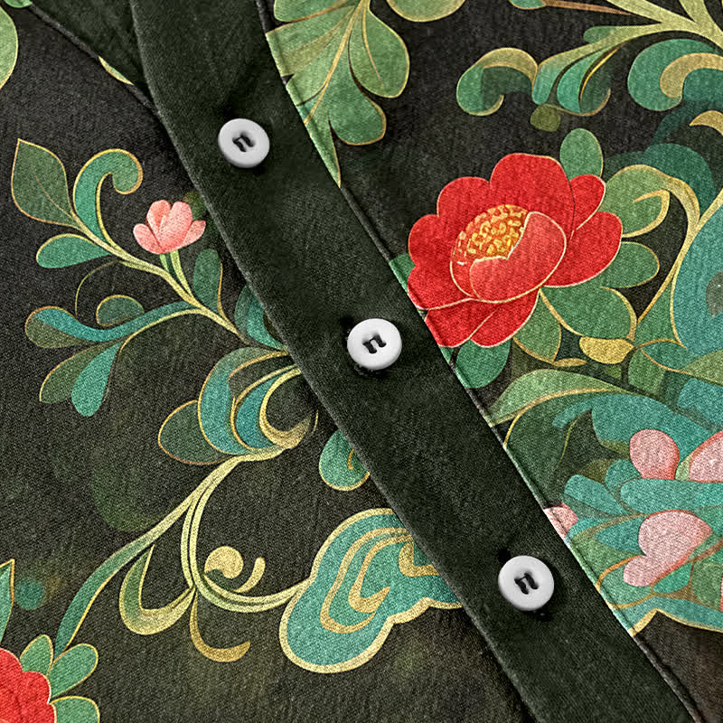 Buddha Stones Cotton Tropical Floral Print Men's Short Sleeve Half Button Shirt