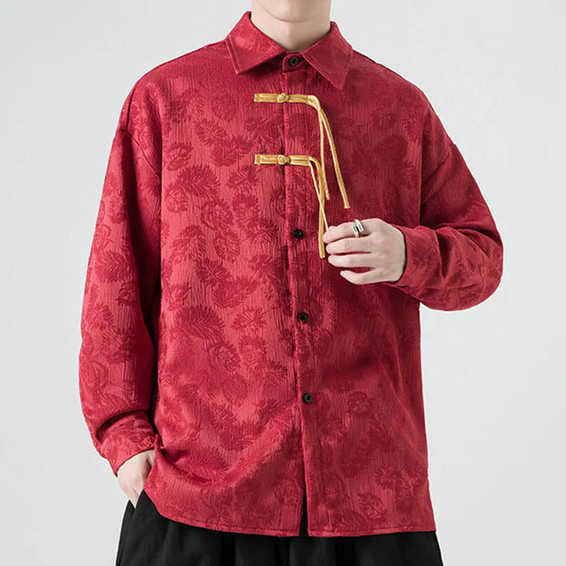 Buddha Stones Frog-Button Leaves Pattern Long Sleeve Men's Tang Suit Jacket