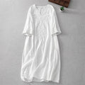 Buddha Stones Summer White Pure Color Embroidery Leaf Flower V-Neck Short Sleeve Midi Dress With Pockets