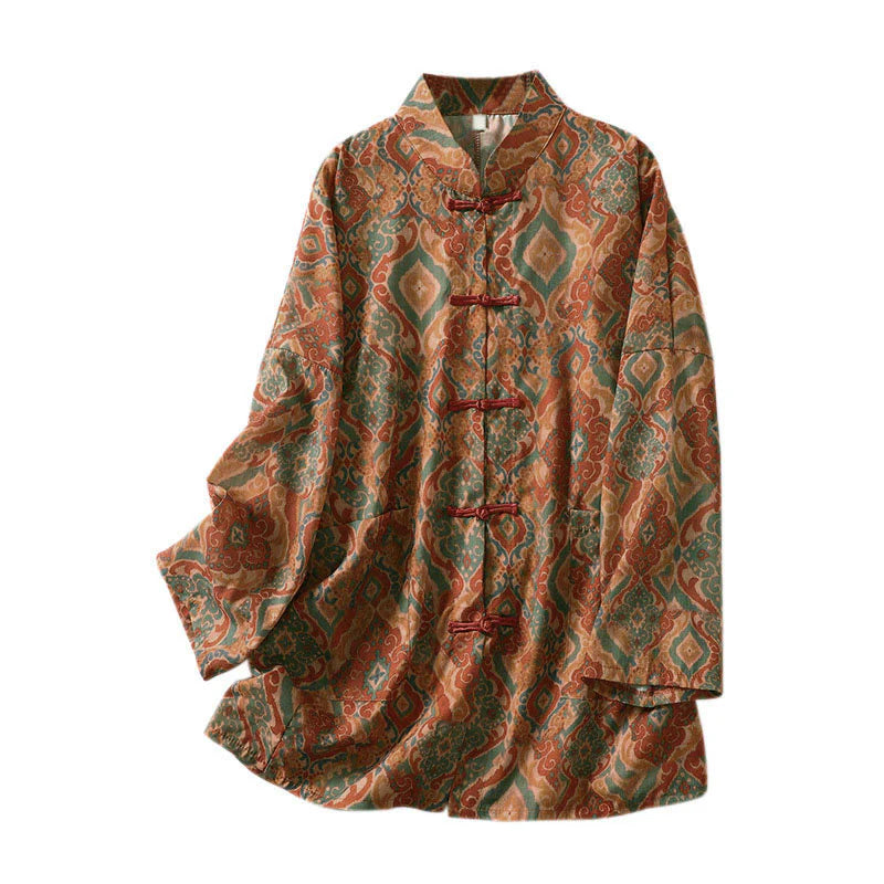 Buddha Stones Printing Chinese Frog-Button Long Sleeve Stand Collar Women's Shirt With Pockets