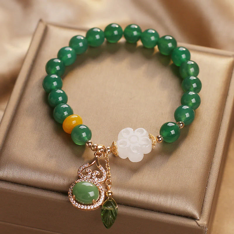 Buddha Stones Green Agate White Jade Flower Gourd Leaf Charm Support Bracelet