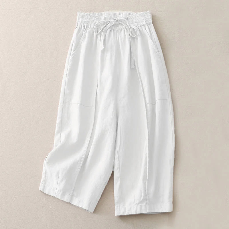 Buddha Stones Casual Plain Solid Color Patchwork Women's Polyester 7-8 Length Wide Leg Pants With Pockets