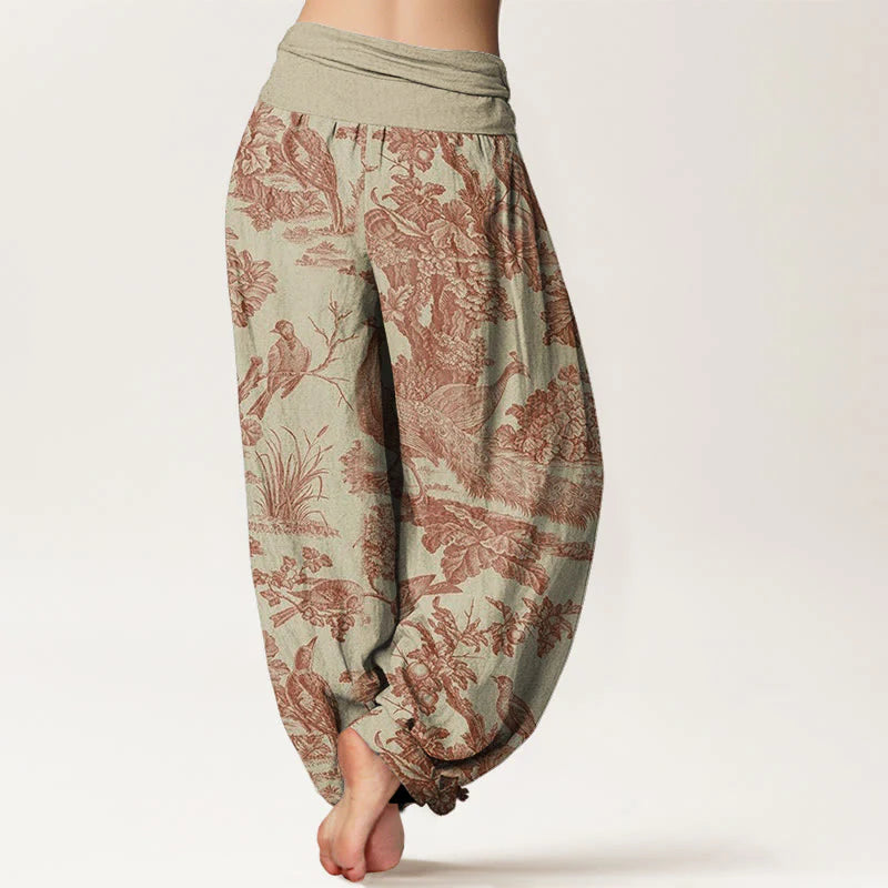 Buddha Stones Cotton Birds Trees Branches Pattern Women's Elastic Waist Harem Pants