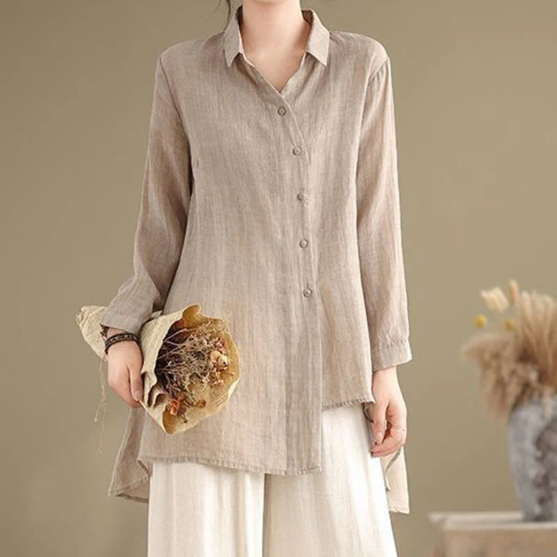 Buddha Stones Irregular Design Buttons Long Sleeve Women's Cotton Shirt