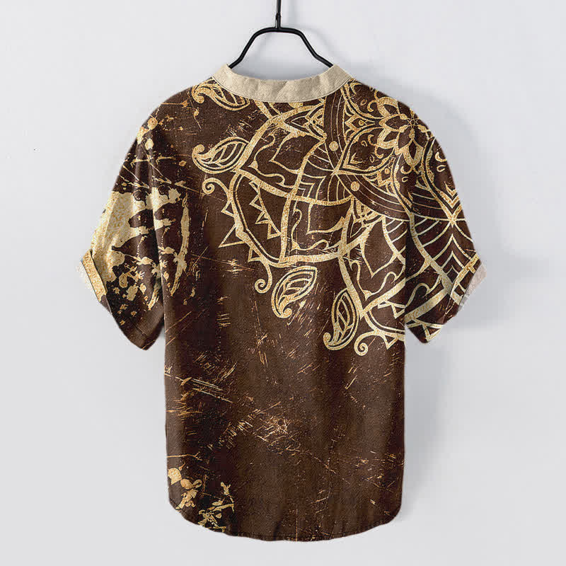 Buddha Stones Cotton Lotus Mandala Emblem Men's Short Sleeve Half Button Shirt