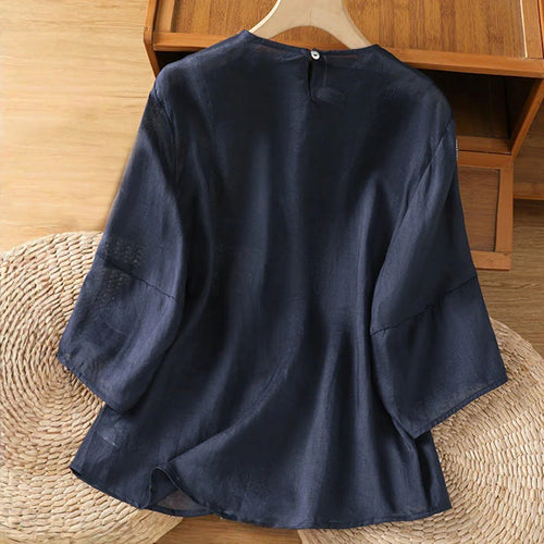 Buddha Stones Casual Pure Color Crew Neck Women's Cotton Linen Three Quarter Sleeve Shirt