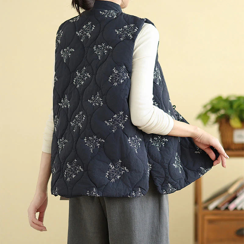 Buddha Stones Embroidered Frog-Button Women's Sleeveless Cotton Vest Waistcoat With Pockets
