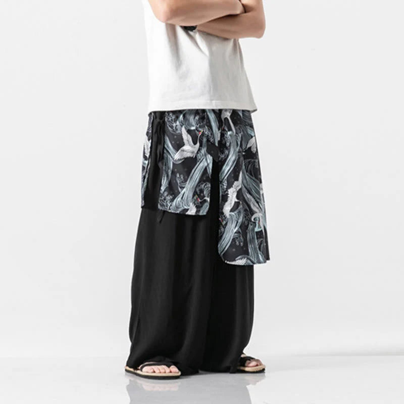 Buddha Stones Summer Flying Crane Design Cotton Men's Wide Leg Pants With Pockets