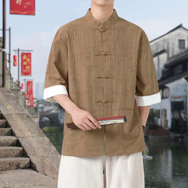 Buddha Stones Summer Crane Pine Tree Pattern Tang Suit Men's Frog-Button Half Sleeve Cotton Shirt With Pockets