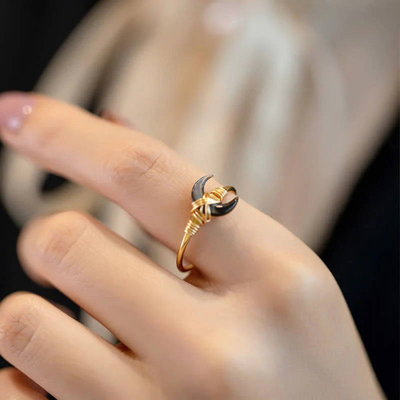 Buddha Stones Natural Tridacna Stone Moon 14K Gold Blessing Ring