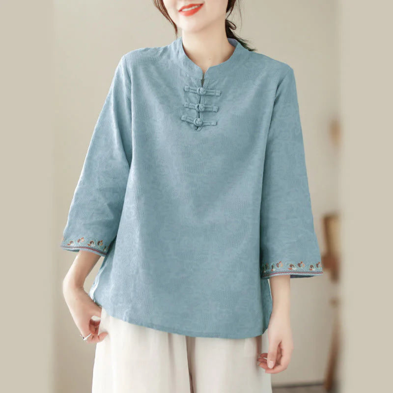 Buddha Stones Jacquard Frog-button Stand Collar Embroidered Three Quarter Sleeve Design Women's Cotton Shirt