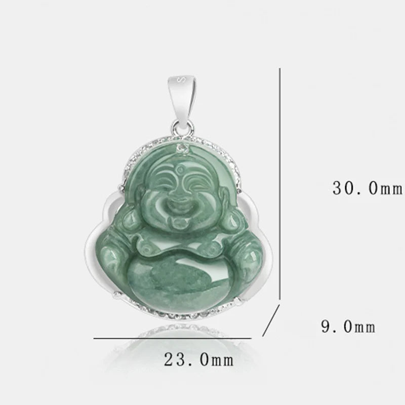 Buddha Stones Laughing Buddha Jade Abundance Necklace Titanium Steel Chain Pendant