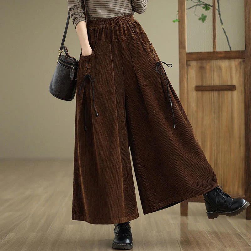 Buddha Stones Women's Pure Color Drawstring Design Wide Leg Corduroy Pants With Pockets