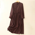 Buddha Stones Fall Brown Plaid Stand Collar Frog-Button Design Long Sleeve Midi Dress With Pockets