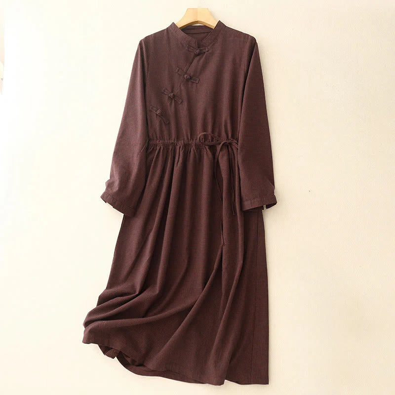 Buddha Stones Fall Brown Plaid Stand Collar Frog-Button Design Long Sleeve Midi Dress With Pockets