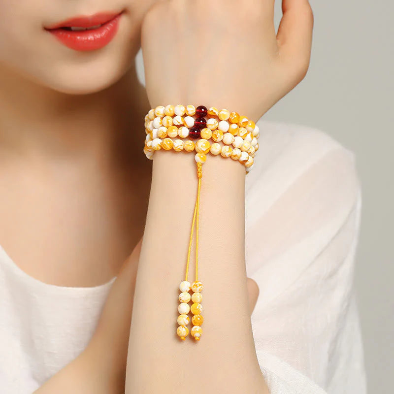 FREE Today: Focus and Spiritual Practice Tibetan White Yellow 108 Beads Amber Mala