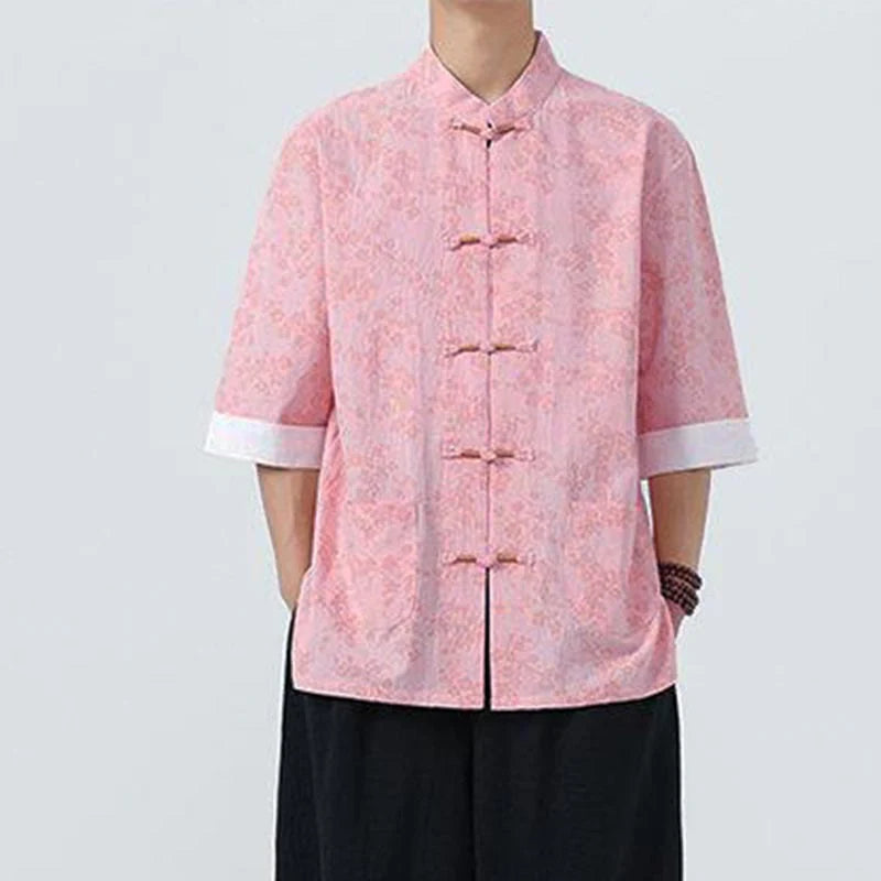 Buddha Stones Summer Peach Blossoms Pattern Chinese Frog-Button Cotton Linen Short Sleeve Men's Shirt