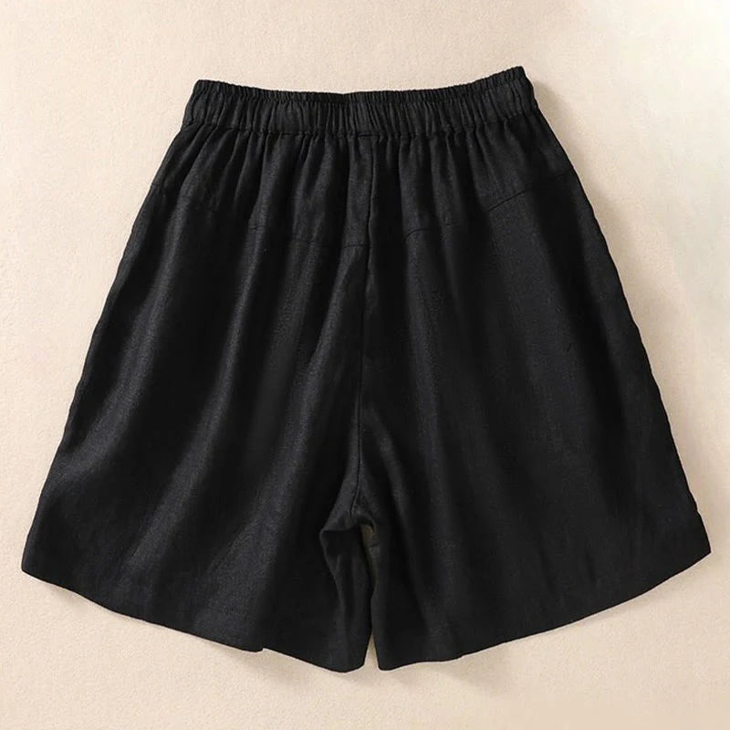 Buddha Stones Casual Floral Embroidery Pattern Drawstring Cotton Linen Women's Shorts With Pockets