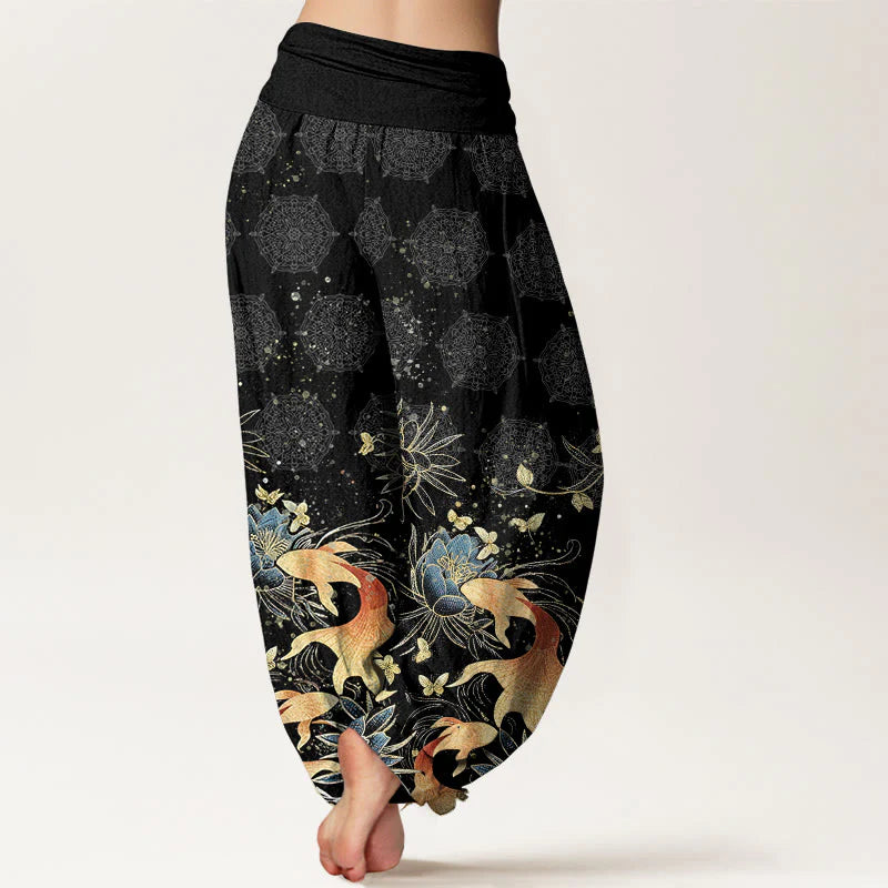 Buddha Stones Cotton Butterfly Koi Fish Lotus Pattern Women's Elastic Waist Harem Pants