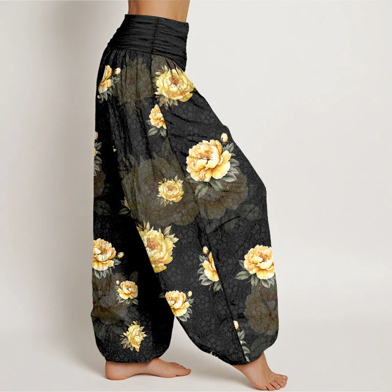 Buddha Stones Cotton Delicate Peony Pattern Women's Elastic Waist Harem Pants