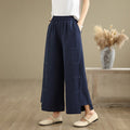 Buddha Stones Spring Casual Navy Simple Line Design Cotton Linen Women's Wide Leg Pants With Pockets
