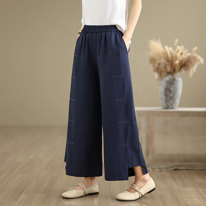 Buddha Stones Spring Casual Navy Simple Line Design Cotton Linen Women's Wide Leg Pants With Pockets