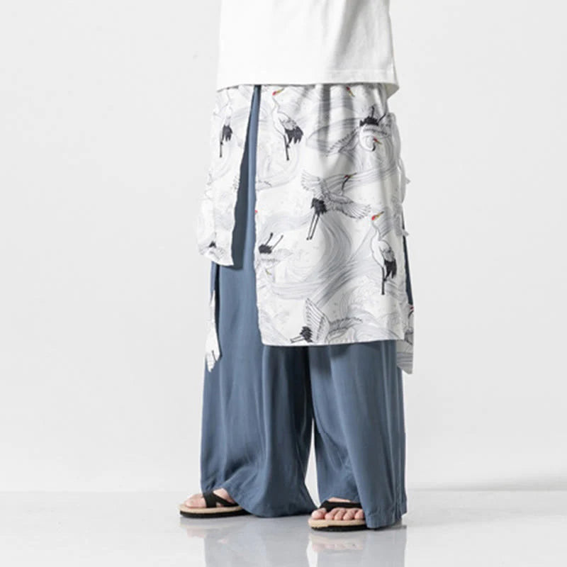 Buddha Stones Summer Flying Crane Design Cotton Men's Wide Leg Pants With Pockets