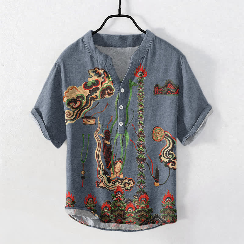 Buddha Stones Cotton Mural Cloud Pattern Men's Short Sleeve Half Button Shirt