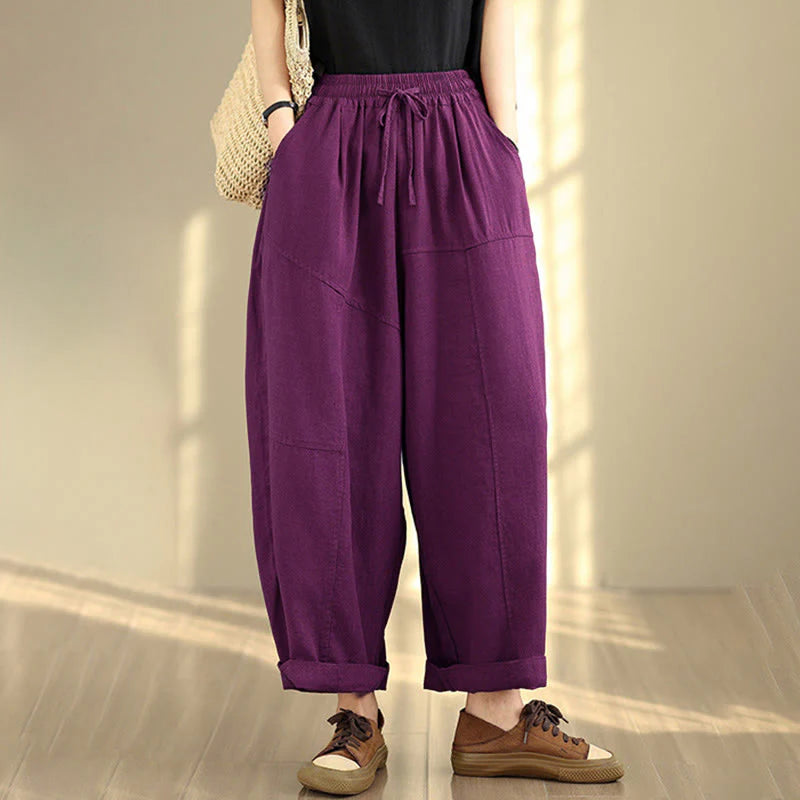 Buddha Stones Women's Fall Plain Color Drawstring Cotton Linen 7-8 Length Pants With Pockets