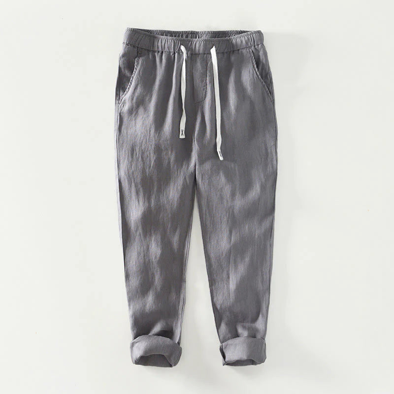 Buddha Stones Fall Solid Drawstring Elastic Waist Men's Linen Ankle-Length Pants With Pockets