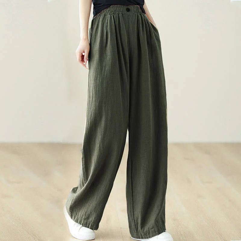 Buddha Stones Commute Button Design Women's Cotton Linen Elastic Waistband Pants With Pockets