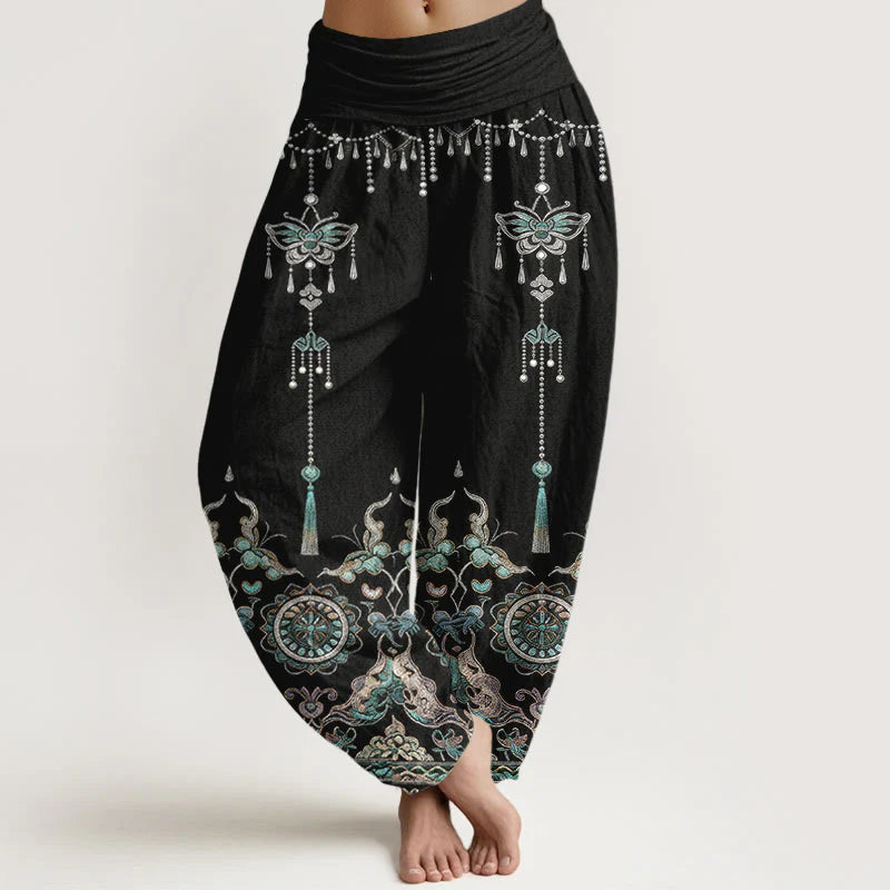 Buddha Stones Cotton Classic Jewelry Butterfly Flower Tassel Pattern Women's Elastic Waist Harem Pants