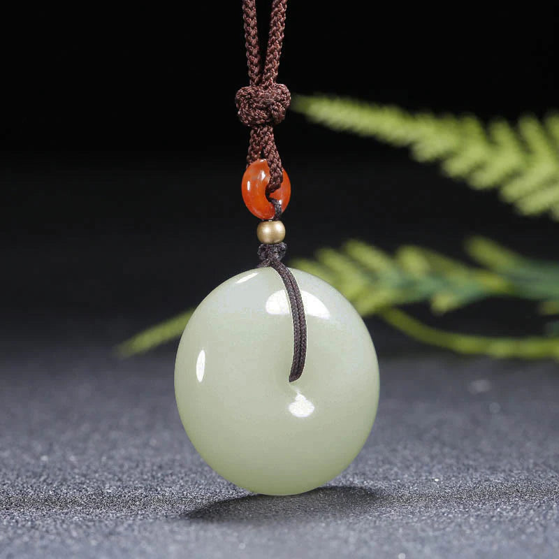 Buddha Stones Round Hetian White Jade Peace Buckle Blessing Necklace Pendant
