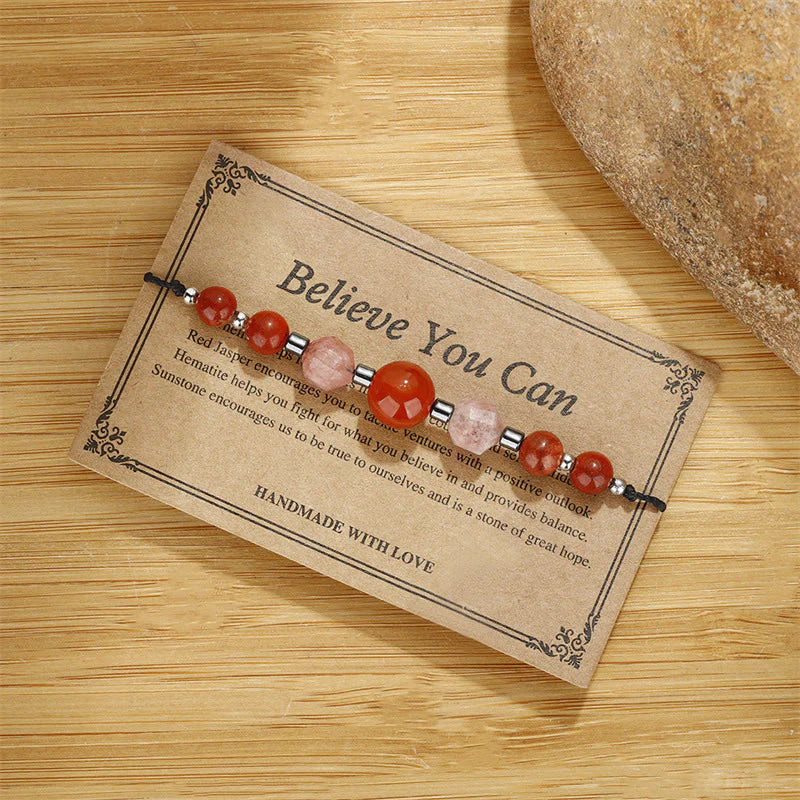 Buddha Stones Believe You Can Carnelian Red Jasper Hematite Sun Stone Positive Bracelet