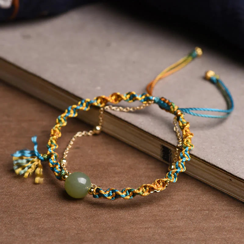 Buddha Stones Handmade Colorful Rope Luck Jade Bead Abundance Double Layer Bracelet