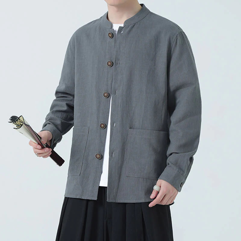 Buddha Stones Men's Button Ramie Linen Cotton Fleece Lined Jacket Shirt With Pockets