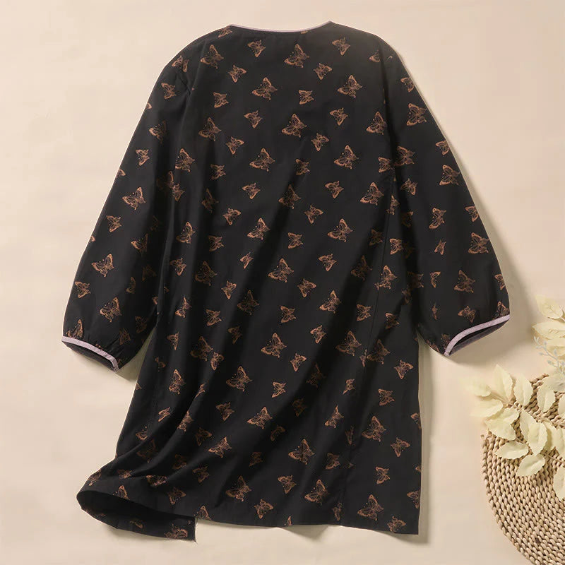 Buddha Stones Butterfly Pattern V-Neck Long Sleeve Women's Polyester Shirt